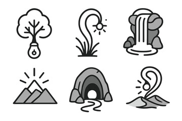Obraz premium Nature Light Icons. Line style icons of light and nature fusion: tree silhouette light, grass trail swirl, waterfall glow line,