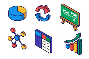 Bayesian Inference Icons. Isometric vector illustration set Bayesian Inference: prior probability icon, posterior update arrows,