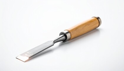 Fototapeta premium Chisel with wooden handle positioned on a clean white surface in a well-lit workspace