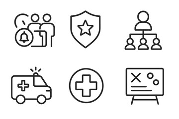 Fototapeta premium Crisis Response Icons. Line style icons of crisis response team: team activation icon, emergency leadership badge, specialist role