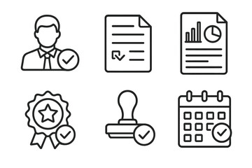 ESG Audit Icons. Line style icons of third-party ESG audits: external auditor icon, audit scope file, findings report chart,