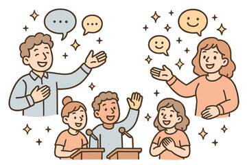 Magical Public Speaking Workshop. Magical doodle public speaking workshop with smiling instructors, cartoon participants