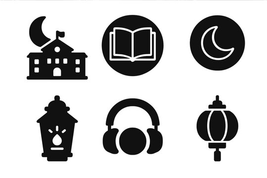 Night Campus Icons. Solid style icons of night campus events: moon + campus glyph, neon book icon, after-hours badge. Light trail