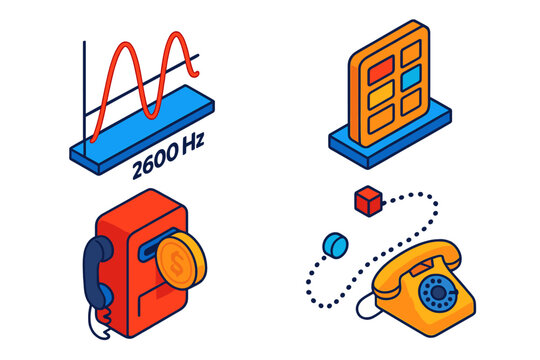 Isometric Tone Frequencies. Isometric vector illustration set Tone Frequencies and Exploits: 2600 Hz signal wave, MF tone chart,