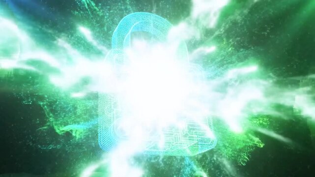 A glowing, digital lock rendered in a dotted design with neon gradients