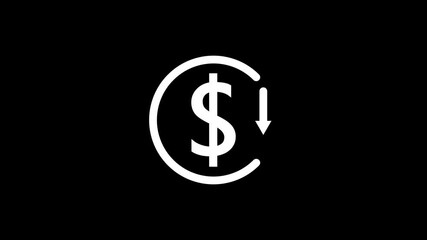 Dollar currency price drop concept. circle with down arrow moving animation.Money reduction icon animation.