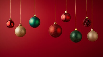 Red Green and Gold Christmas Baubles Hanging on Strings Against Deep Red Background with Copy Space