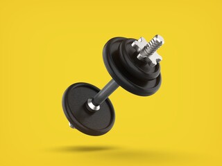 Black dumbbell levitating in the air on a yellow background