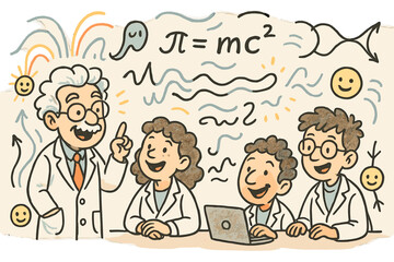 Whimsical Physics Workshop. Whimsical doodle theoretical physics workshop with cheerful scientists, floating smiling equations,