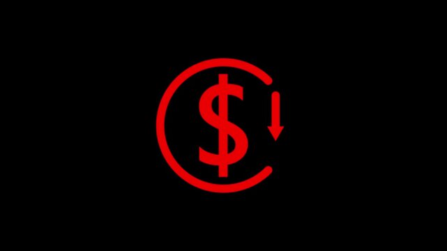 Dollar currency price drop concept. circle with down arrow moving animation.Money reduction icon animation.