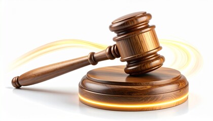 Wooden gavel resting on a round sound block with a glowing edge in a courtroom setting