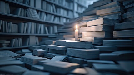 A candle is lit on top of a pile of books in a library. The scene is lit by the candle and has a low key, moody feel.