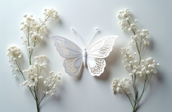 White paper butterfly rests in delicate white flowers on light surface. Intricate cut-out design creates refined aesthetic. Minimalist artwork evokes elegance, natural beauty, suitable for creative