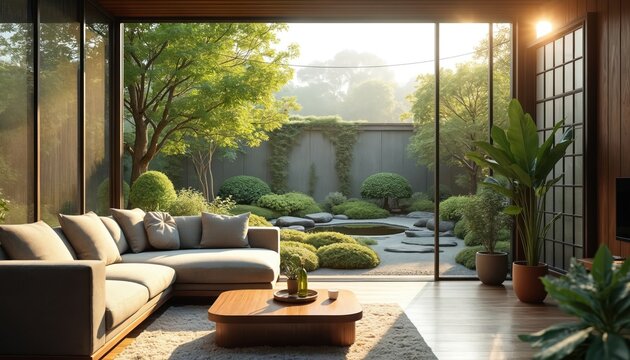 Modern living room with big glass windows offers green tranquil garden view. Cozy sofa, wood coffee table, houseplants furnish warm interior space. Rich bushes, stone path, small pond, trees create