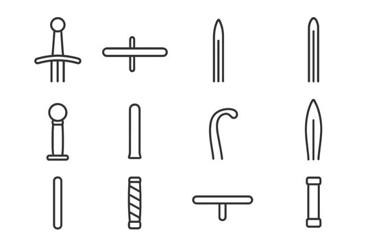 Blade Anatomy Icons. Line style icons of blade anatomy: hilt, guard, blade edge, fuller; pommel, ricasso, quillon, tip; tang, grip