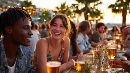 Group enjoying relaxed outdoor dinner with drinks during warm sunset. Concept of after-work unwinding, outdoor hospitality promotion, lifestyle visuals, and beverage marketing.