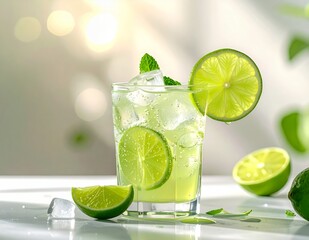 Refreshing Lime Cocktail with Ice and Mint Garnish on a Bright Summer Day.