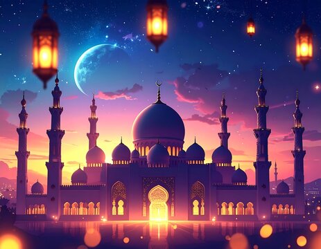 Mosque at dusk under a starry sky with lanterns