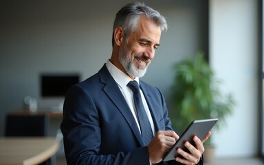 Happy middle aged business man ceo wearing suit standing in office using digital tablet. Smiling mature businessman professional executive manager looking away thinking working on tech device.