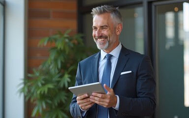 Happy middle aged business man ceo wearing suit standing in office using digital tablet. Smiling mature businessman professional executive manager looking away thinking working on tech device.
