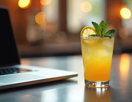 Close up of a yellow cocktail with lemon and mint next to a silver laptop on a bar table. Beverage is refreshing and vibrant. A bright scene for remote work or leisure.
