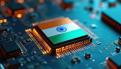 Indian flag on microchip. Close-up view of computer circuit board with central processing unit. Digital tech innovation, electronics manufacturing, hardware development.