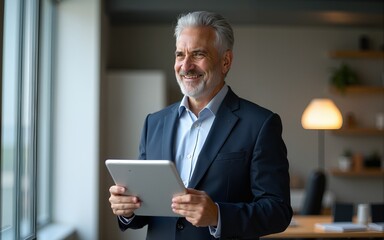 Happy middle aged business man ceo wearing suit standing in office using digital tablet. Smiling mature businessman professional executive manager looking away. Generative AI. High quality