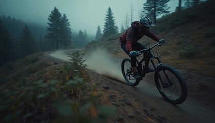 Man in helmet rides mountain bike on dusty forest trail. Cyclist speeds downhill on dirt path surrounded by trees. Adventure sport action in nature, extreme outdoor activity.