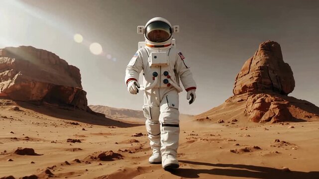 Astronaut Explores the Barren, Rocky Landscape of Mars Under a Distant Sun.
