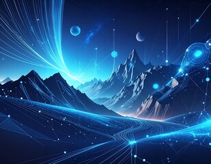 A surreal landscape with digital lines and orbs against a backdrop of mountains and celestial bodies. The scene is awash in blue
