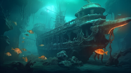 Mysterious ancient shipwreck on the ocean floor, surrounded by vibrant fish in deep teal water. Sunken treasure concept, adventure, and exploration.
