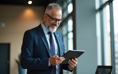 Happy middle aged business man ceo wearing suit standing in office using digital tablet. High quality
