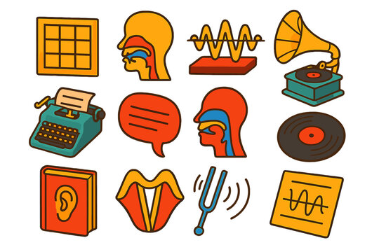 Vintage Phonetic Illustrations. Isometric vector illustration set Vintage Phonetics: phonetic chart, vocal tract view, sound wave