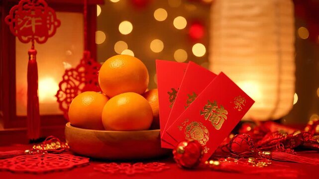 lucky oranges and red envelopes setup for festive celebration with glowing