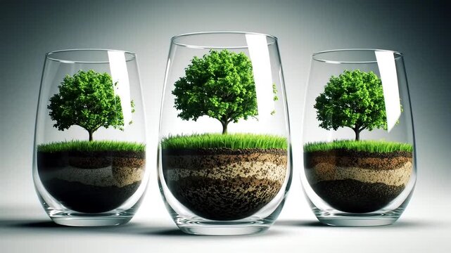 Image is a digital artwork featuring three transparent glass tumblers, each containing a miniature landscape. The glasses are arranged in a row against a neutral gray background. Inside each glass, a 