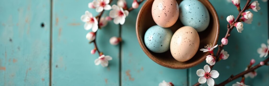 Pastel speckled Easter eggs sit in rustic bowl with white spring blossoms on teal table. Gentle overhead view conveys serene holiday celebration and rebirth. - Powered by Adobe