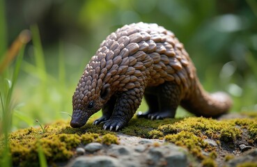 Obraz premium Pangolin forages on mossy rock in forest. Scaly mammal with brown scales searches food in natural habitat. Rare wild animal. Critically endangered species needs protection efforts.