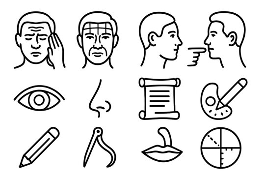 Ancient Physiognomy Icons. Line style icons of Historical Physiognomy: Forehead Wrinkle Reading, Face Mapping, Character