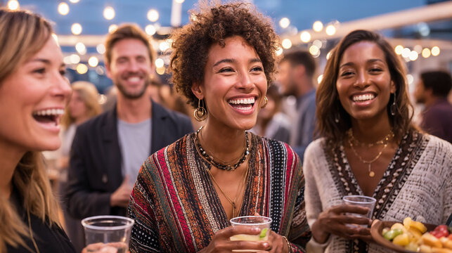 Friends enjoying drinks at outdoor evening event with lights. Concept of social gatherings, after-work relaxation, event marketing, and beverage promotion in festive settings.