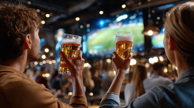 Fans raising beer glasses toward sports screen in bar. Concept of fan engagement, sports-bar advertising, after-hours entertainment, and beverage-driven social culture.