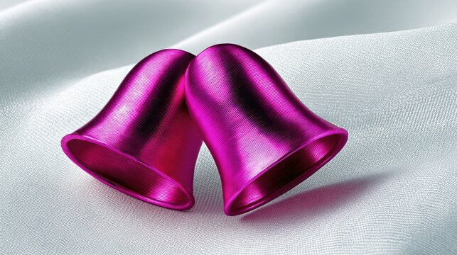 Close-up of two pink bells resting on a white fabric. The bells are metallic and reflect the soft lighting. - Powered by Adobe