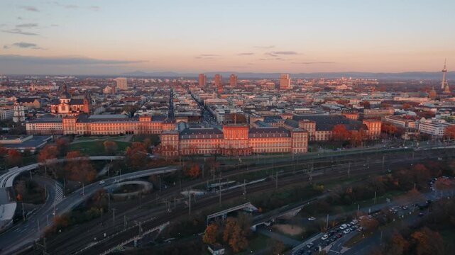 Close Aerial Detail of Mannheim Palace: Tracking Shot along the Magnificent Baroque and Classicist Facade of the Historic University Building, Germany