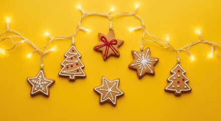 Fototapeta premium Festive christmas arrangement showcasing gingerbread cookies and string lights on yellow backdrop