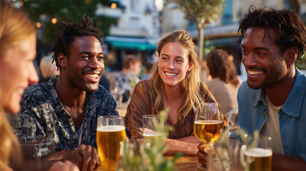 Group of friends enjoying drinks together at an outdoor caf?. Concept of after-work unwinding, casual conversations, open-air socializing, and relaxed team bonding at the end of the day.