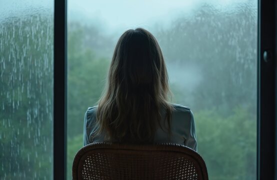 Woman with back to camera sits on chair looking at rainy window. Sad lonely female watches rain falling outside. Person in solitude feels depressed thinking about life on gloomy day at home with