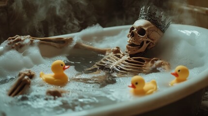 A humorous and quirky scene featuring a skeleton wearing a crown, relaxing in a bathtub filled with bubbles and rubber duckies, whimsically combining life and death in a playful manner.