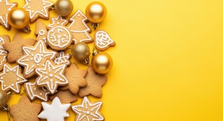 Festive gold christmas ornaments and gingerbread cookies on a yellow background creating a cozy