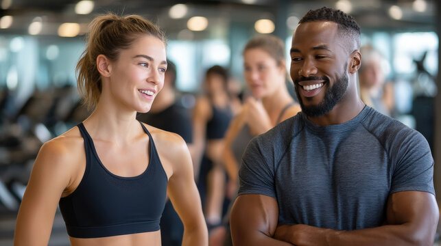 Fit man and woman talking after a workout session in the gym. Concept of post-work decompression, healthy routines, light conversation, and recharging after a busy day.