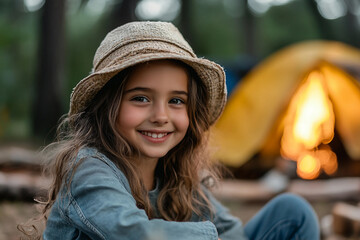 Portrait of a young child in yellow jacket and gray beanie camping near tent during outdoor trip in nature, generative ai