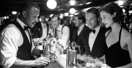 Bartender serving drinks to well-dressed guests at a vintage bar. Concept of after-work downtime, classic nightlife settings, unwinding rituals, and relaxed social presence.